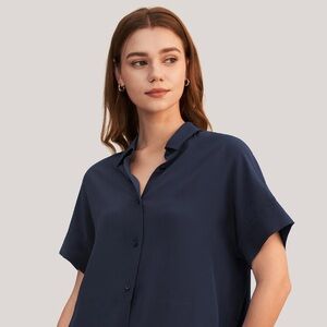 Lilysilk The Boxy Fit Short Sleeve Shirt, Navy Size Medium